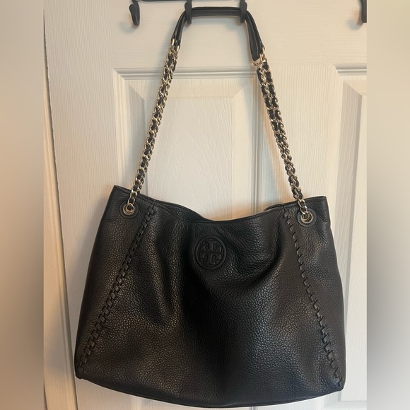 Tory Burch Black Marion Pebbled Leather Slouchy Tote Convertible Bag - Picture 7 of 16